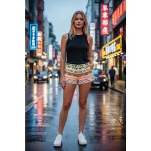 Vintage Y2K Olivaceaus Women's S White Neon Embroidered Aztec Mini Short Casual